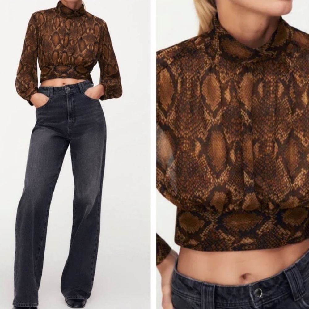 ZARA Brown Snakeskin Cropped High Neck Blouse Size Small
